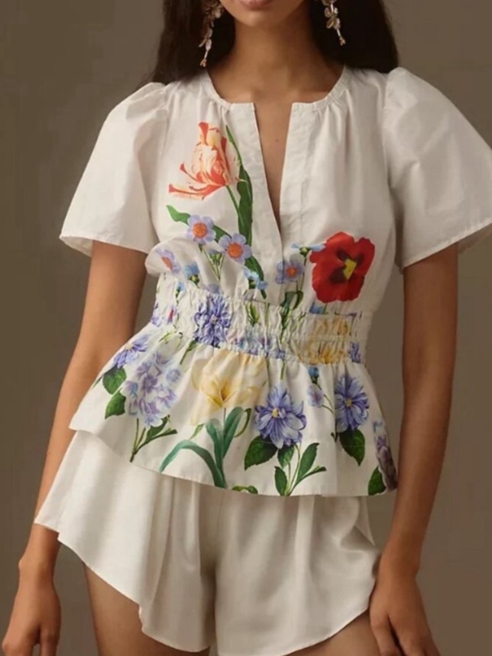 Anthropologie Somerset Smocked Blouse Top White Floral